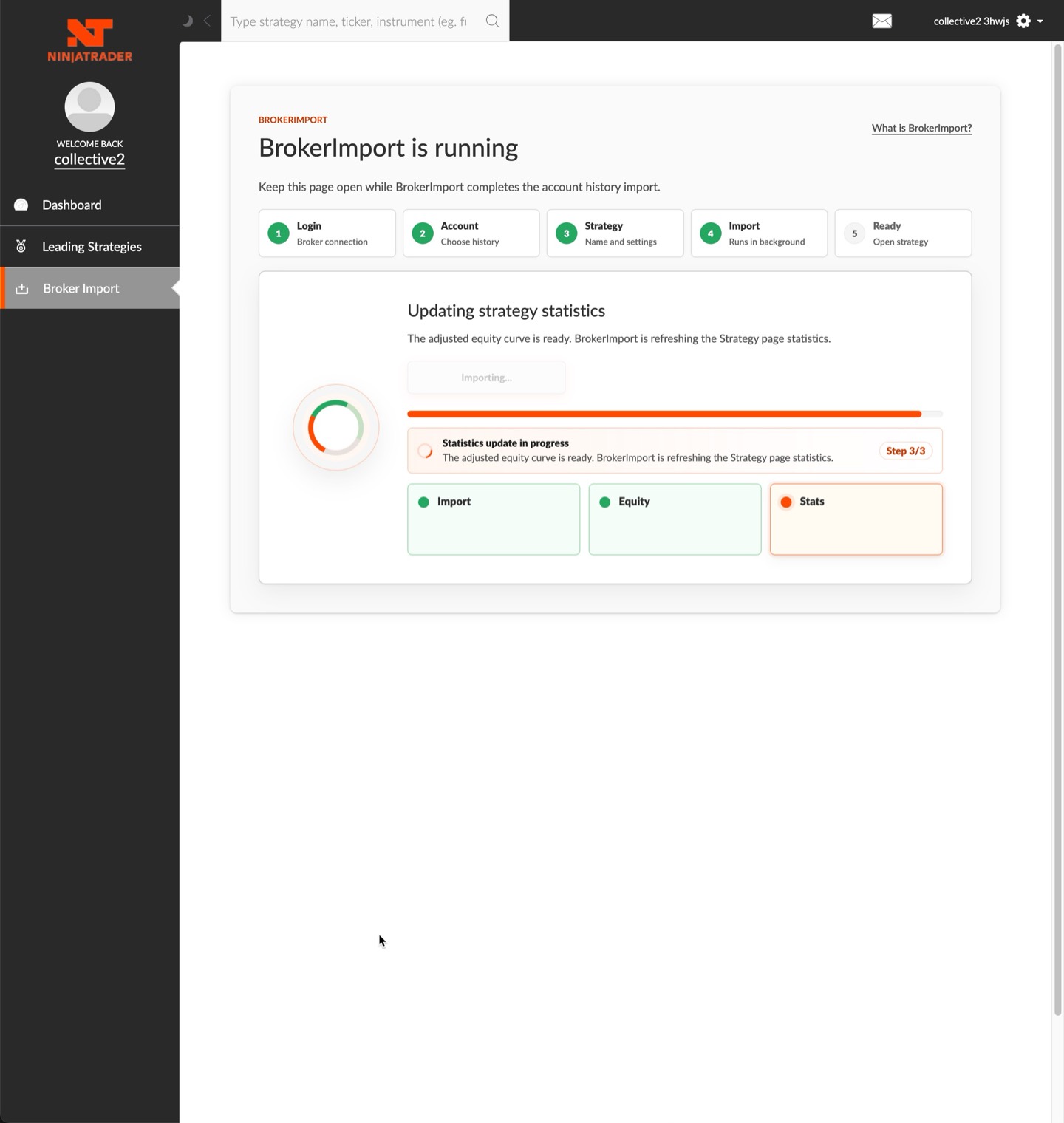 BrokerImport running screen while Collective2 builds the imported strategy page